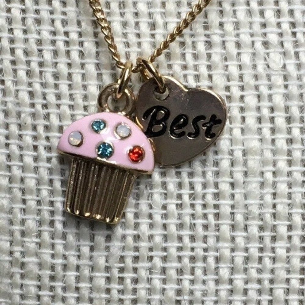 Best Cupcake Necklace Gold Heart Pink Enamel Multicolor Rhinestone